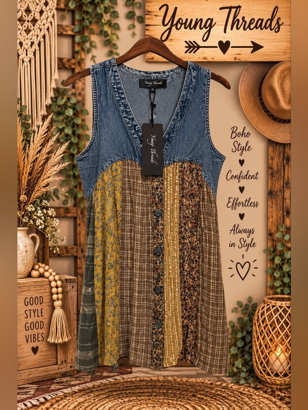 Young Threads Denim Yoke Patchwork Tunic in Mustard & Brown